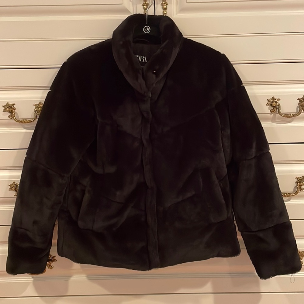 Zara black faux fur jacket-one 2 times